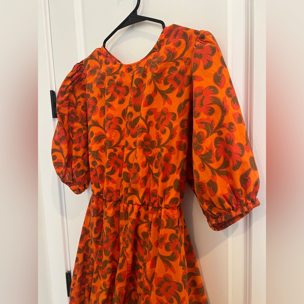 RHODE Molly Lace Up Back Dress Printed Puff Sleeve Bohemian Orange Flared New M - Picture 2 of 8